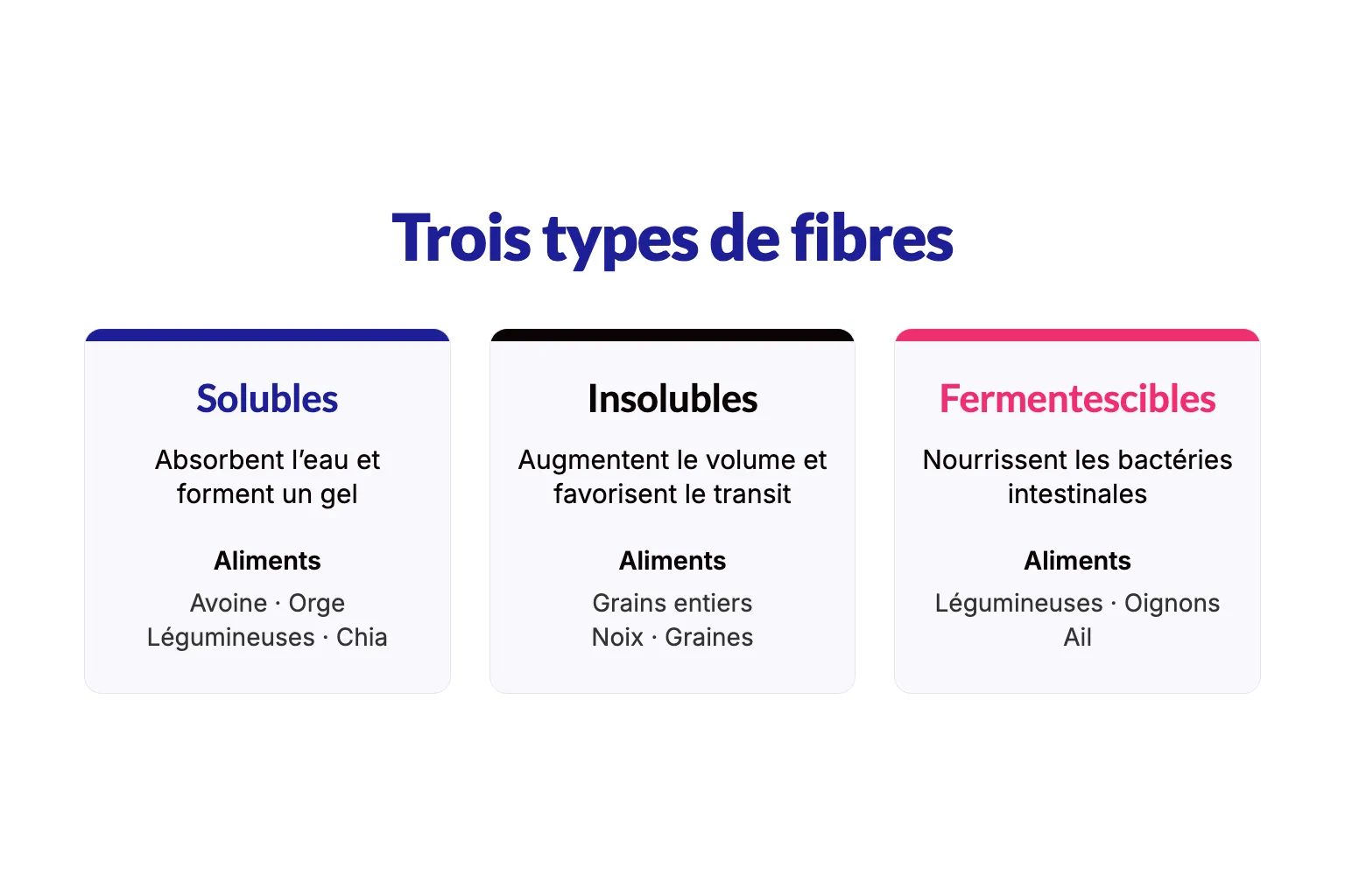 Trois types de fibres comparés : les fibres solubles absorbent l’eau et forment un gel, présentes dans l’avoine, l’orge, les légumineuses et le chia ; les fibres insolubles augmentent le volume des selles, présentes dans les grains entiers, les noix et les graines ; les fibres fermentescibles nourrissent les bactéries intestinales et peuvent causer des gaz, présentes dans les légumineuses, les oignons et l’ail.