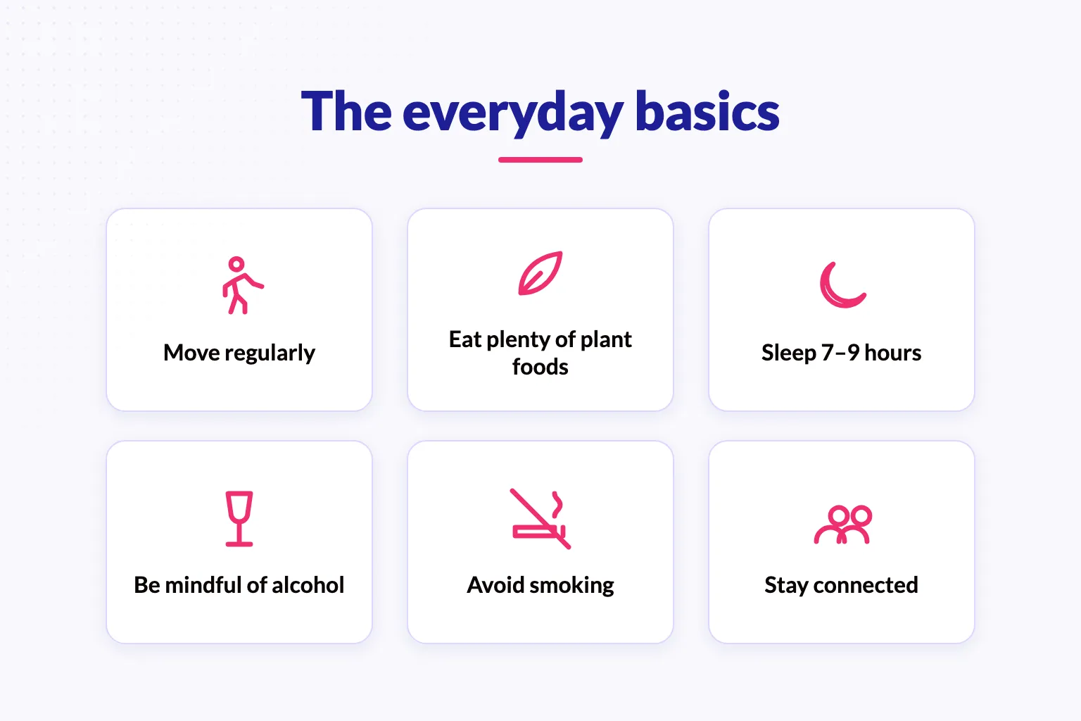 Six everyday habits linked to a longer, healthier life: move regularly, eat plenty of plant foods, sleep 7 to 9 hours, be mindful of alcohol, avoid smoking, and stay connected.