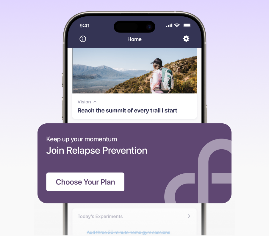 Constant Health app home screen showing the Join Relapse Prevention banner.