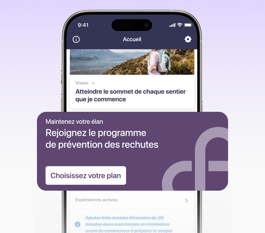 Écran d’accueil de l’application Constant Health affichant la bannière pour adhérer au programme de prévention des rechutes.