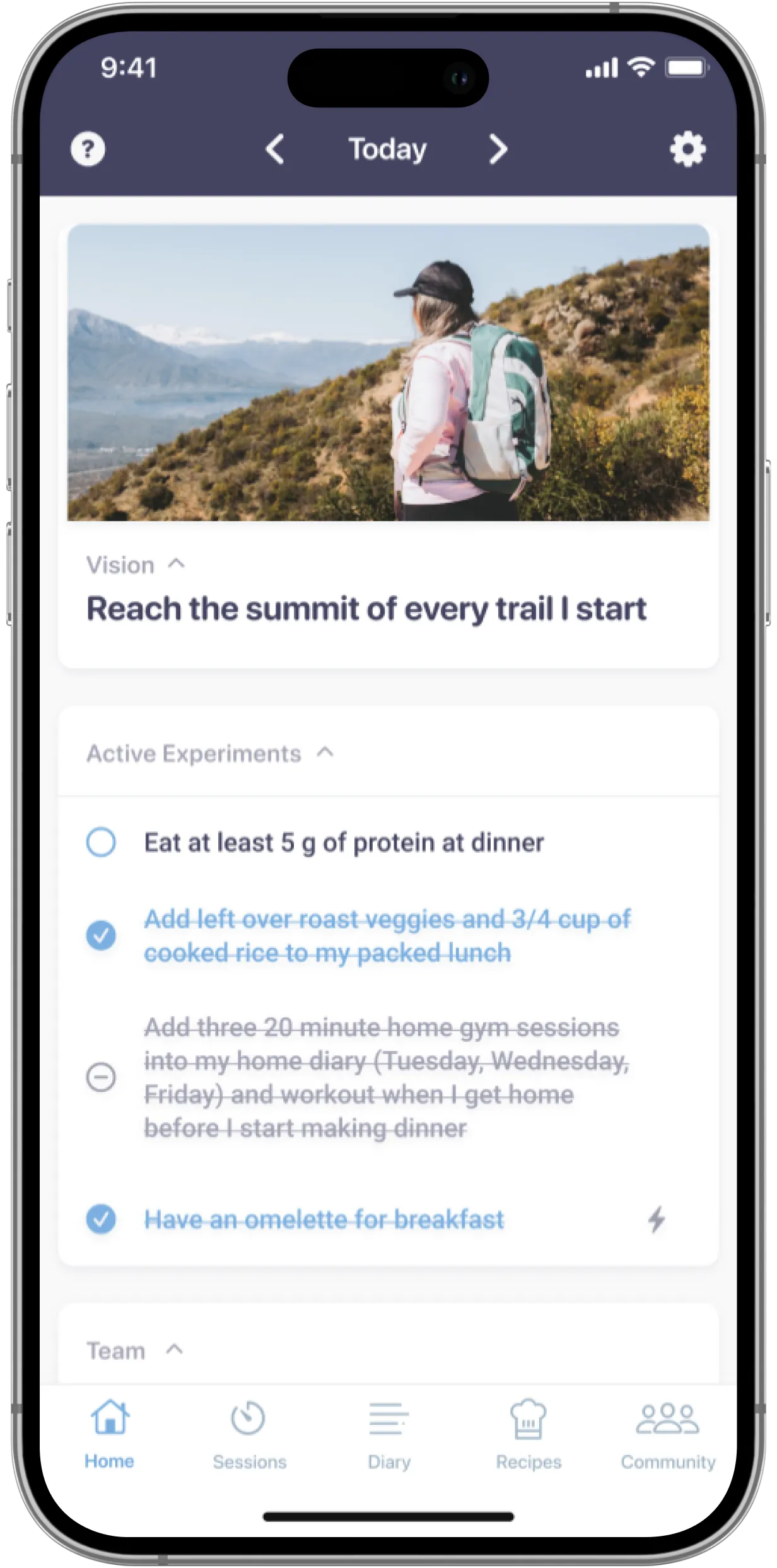 Smartphone displaying Constant Health’s dashboard interface — showing user vision, active experiments, and navigation bar — offering an aspirational, future-focused glimpse into the app experience.